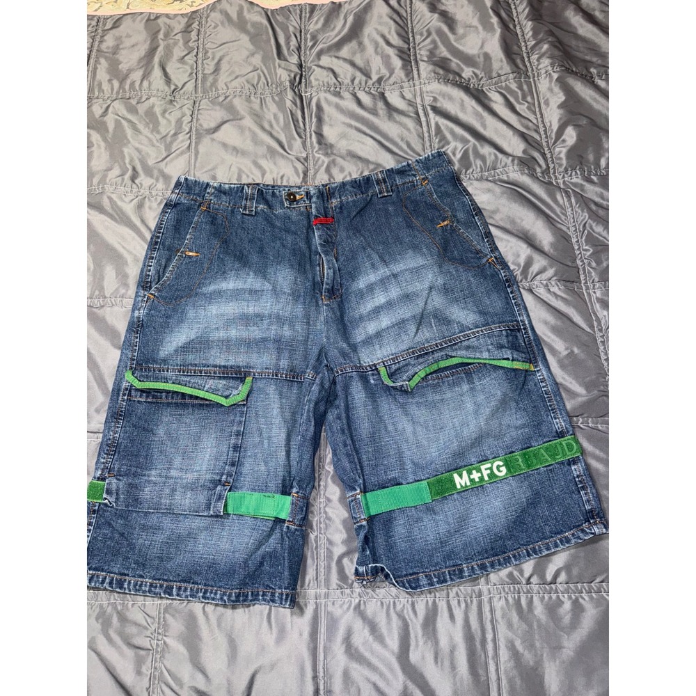 Marithe Francois Girbaud Denim Shuttle Shorts Green Straps Baggy Y2K Mens 38